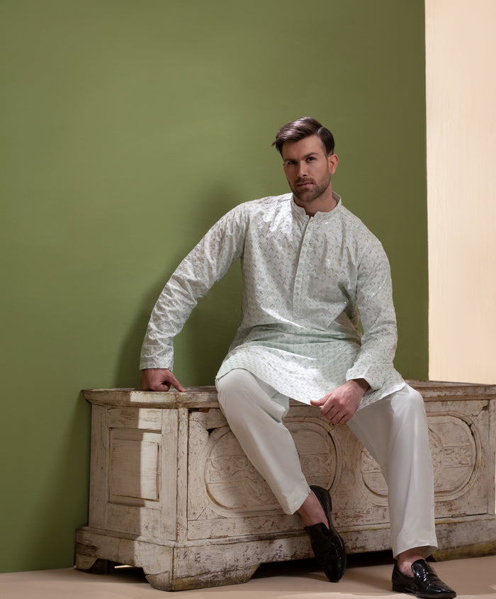Sooch'2026 - Off-White & Mint Green Sequined Chikankari Kurta & Pyjama