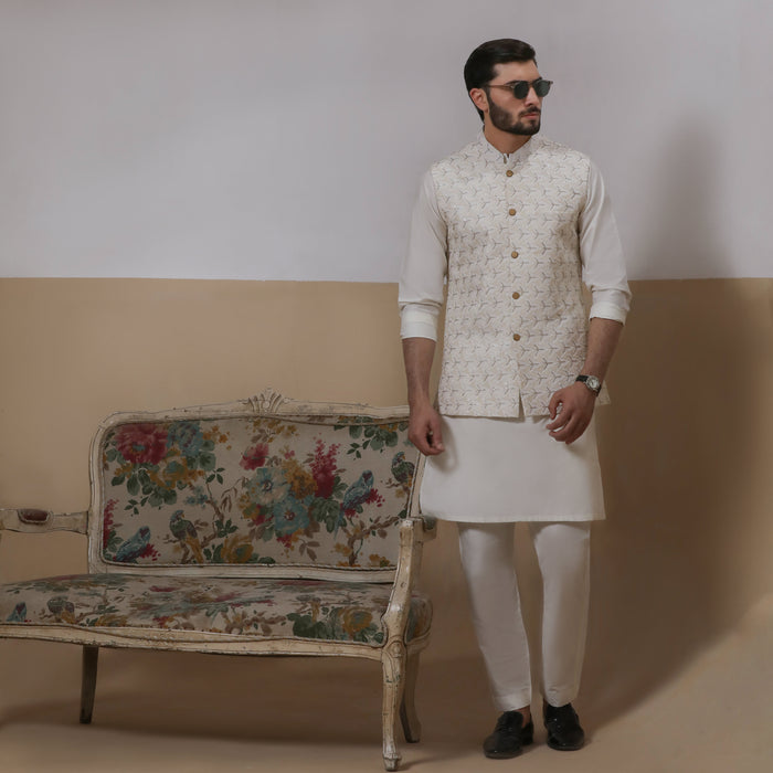 Sooch'2026 - Off-White & Silver Embroidered Waistcoat with Kurta & Pyjama