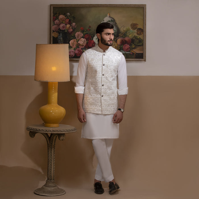 Sooch'2026 - Off-White & Silver Embroidered Waistcoat with Kurta & Pyjama