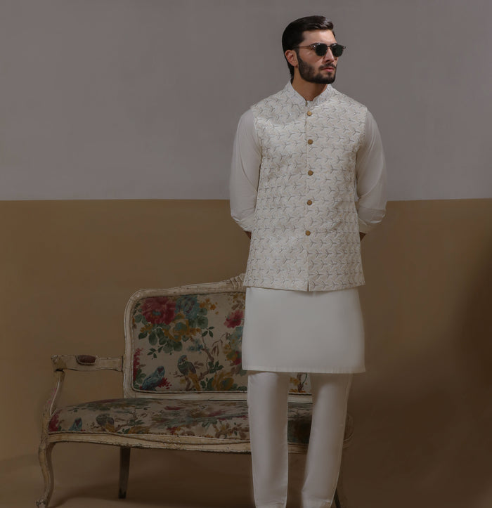 Sooch'2026 - Off-White & Silver Embroidered Waistcoat with Kurta & Pyjama