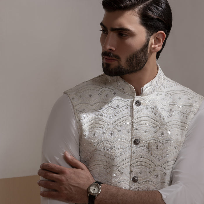 Sooch'2026 - Off-White & Silver Embroidered Waistcoat with Kurta & Pyjama