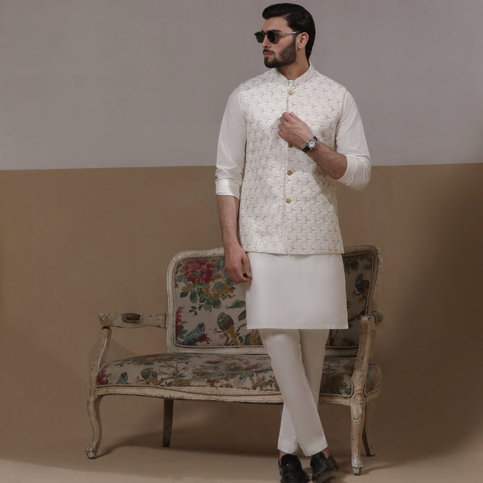 Sooch'2026 - Off-White & Silver Embroidered Waistcoat with Kurta & Pyjama