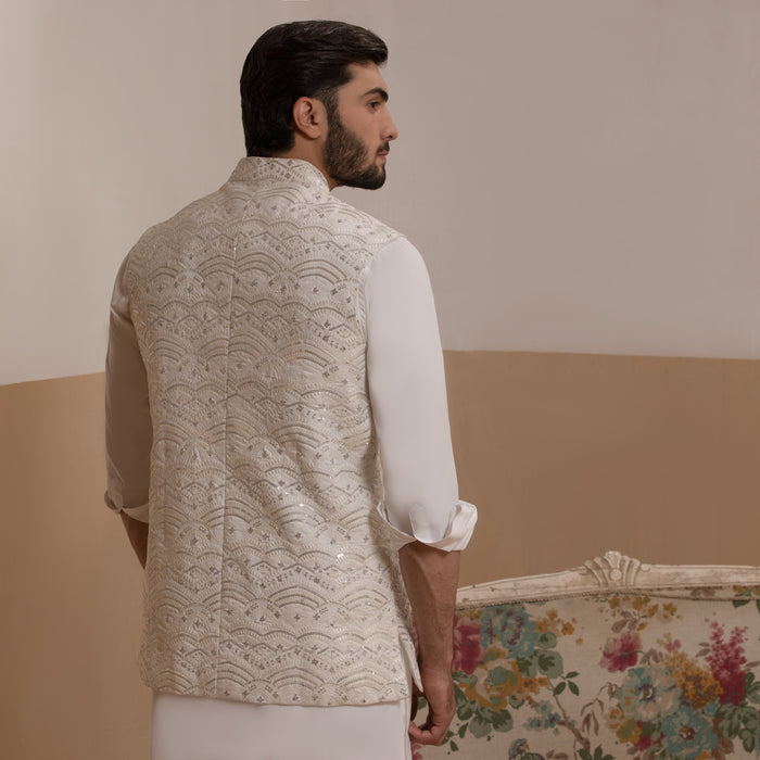 Sooch'2026 - Off-White & Silver Embroidered Waistcoat with Kurta & Pyjama