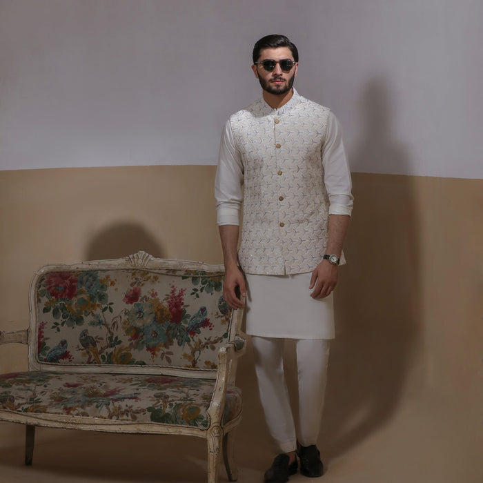 Sooch'2026 - Off-White & Silver Embroidered Waistcoat with Kurta & Pyjama