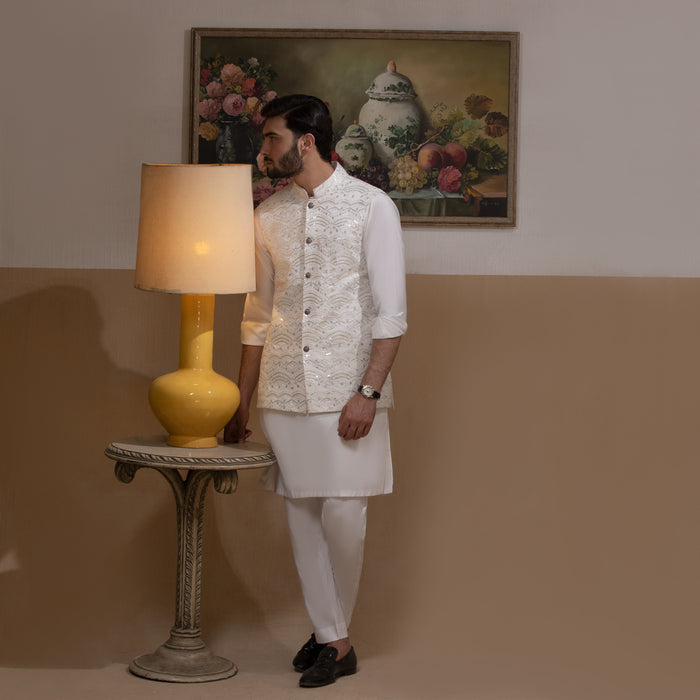 Sooch'2026 - Off-White & Silver Embroidered Waistcoat with Kurta & Pyjama