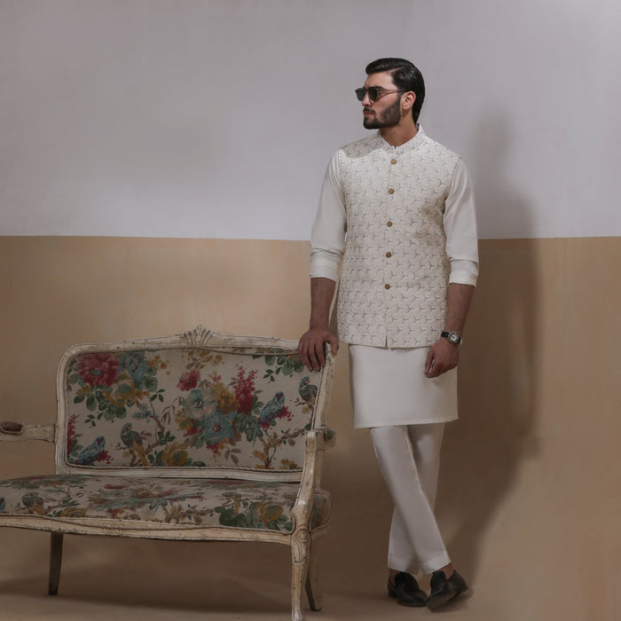Sooch'2026 - Off-White & Silver Embroidered Waistcoat with Kurta & Pyjama