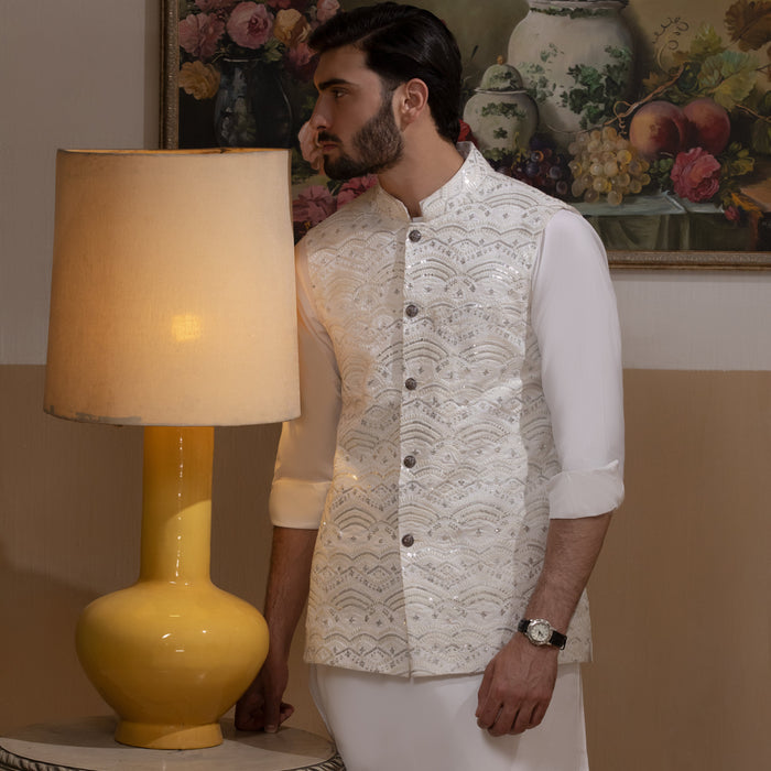 Sooch'2026 - Off-White & Silver Embroidered Waistcoat with Kurta & Pyjama