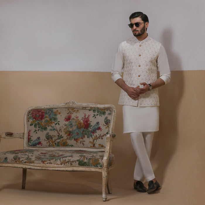 Sooch'2026 - Off-White & Silver Embroidered Waistcoat with Kurta & Pyjama