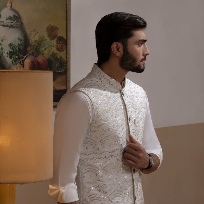 Sooch'2026 - Off-White & Silver Embroidered Waistcoat with Kurta & Pyjama