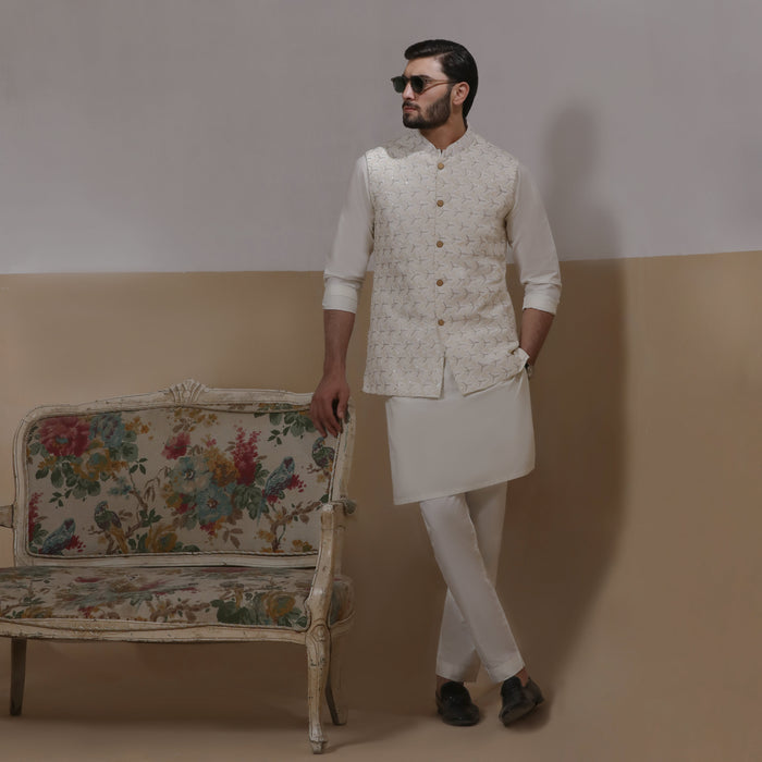 Sooch'2026 - Off-White & Silver Embroidered Waistcoat with Kurta & Pyjama