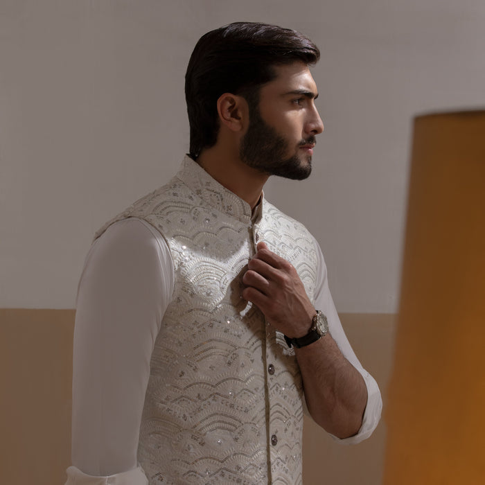 Sooch'2026 - Off-White & Silver Embroidered Waistcoat with Kurta & Pyjama