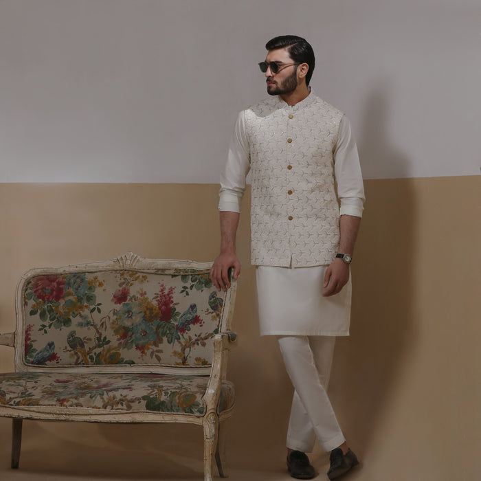 Sooch'2026 - Off-White & Silver Embroidered Waistcoat with Kurta & Pyjama