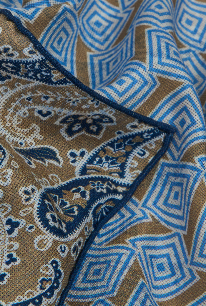 Tan & Blue Double Sided Silk Pocket Square