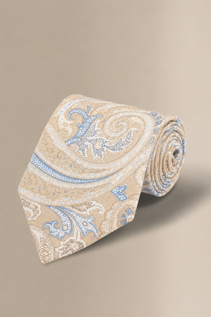 Tan Paisley Printed Linen & Silk Tie