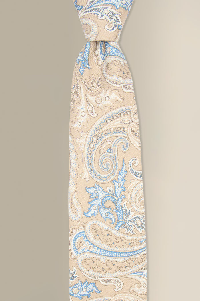Tan Paisley Printed Linen & Silk Tie