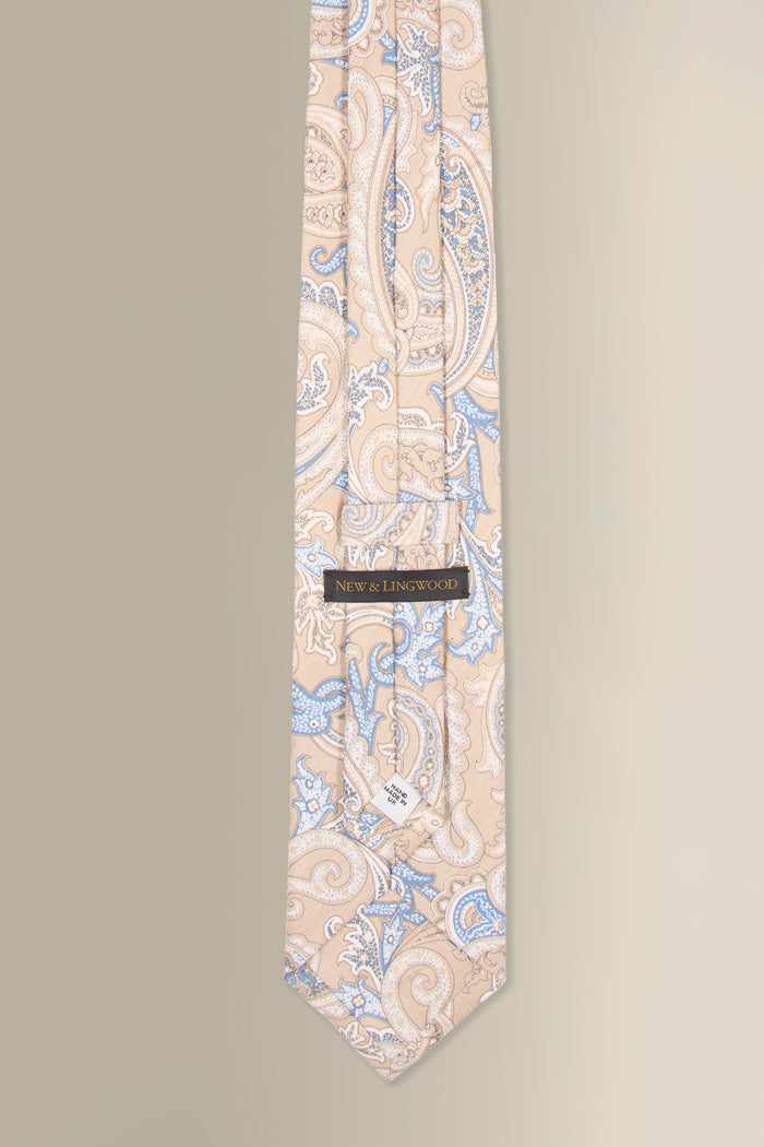 Tan Paisley Printed Linen & Silk Tie