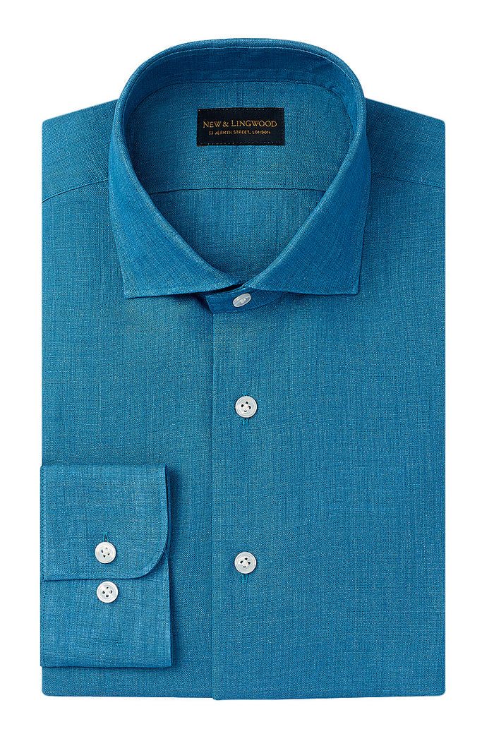 Teal Cutaway Collar Standard Fit Linen Shirt