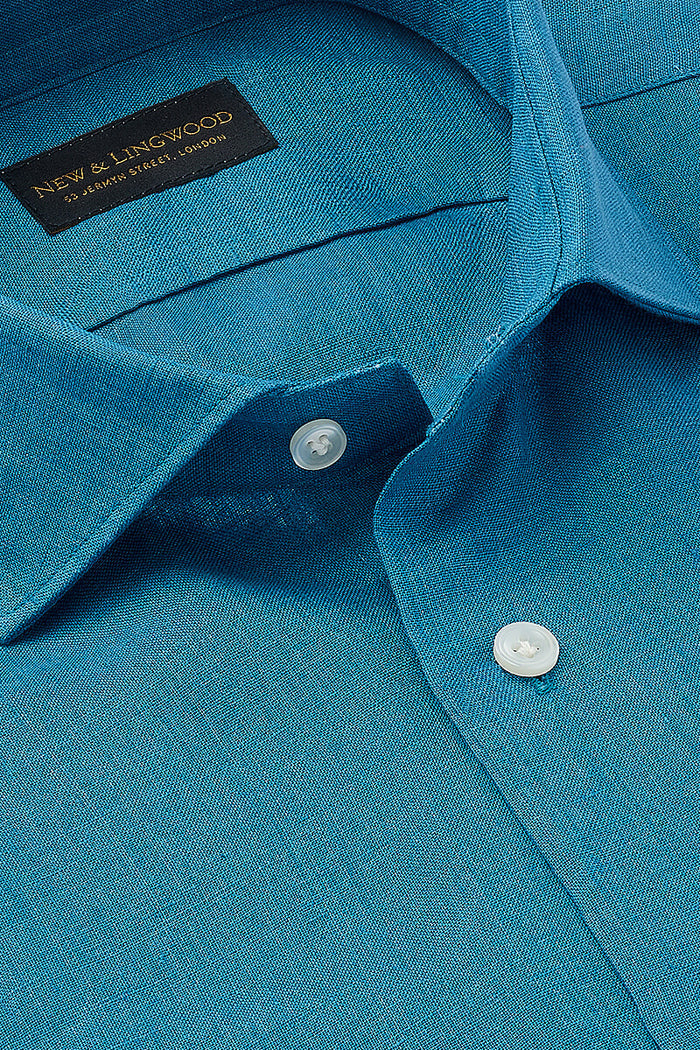 Teal Cutaway Collar Standard Fit Linen Shirt