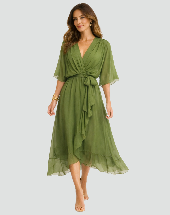 The Amelie – Women's Satin Wrap Bow Wedding Guest Dress – Huna