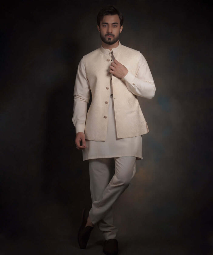 The Hero - Ivory & Light Gold 'cross stitch' form fitted waistcoat