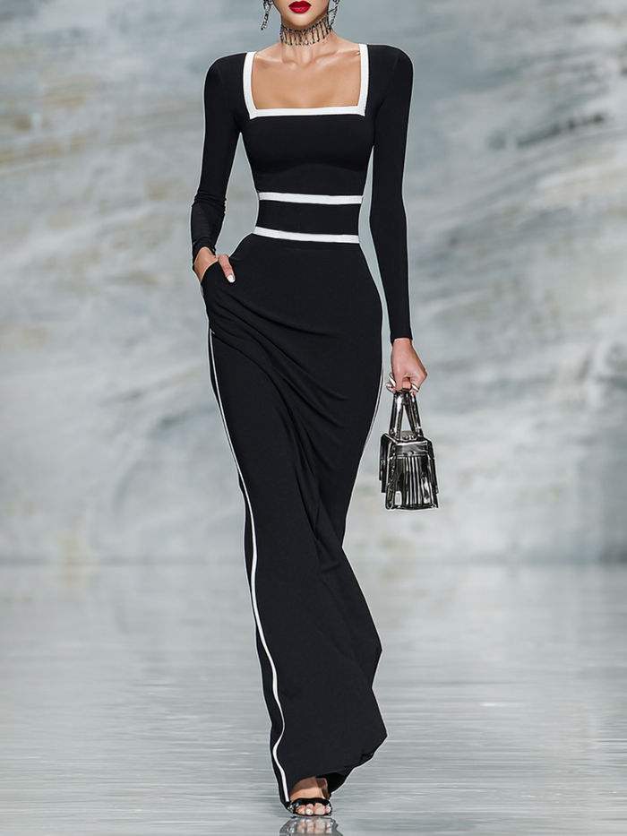 The Marguerite – Women's Square Neck Long Sleeve Bodycon Maxi Dress | Huna