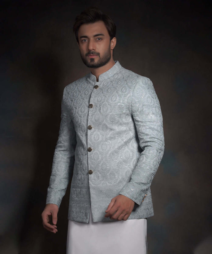 The Minimalist | Ice blue raw silk form fitted prince jacket