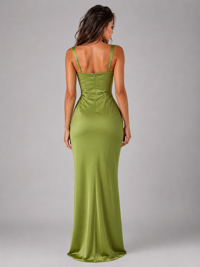The Ondine – Women's Satin Ruched Evening Maxi Dress | Huna