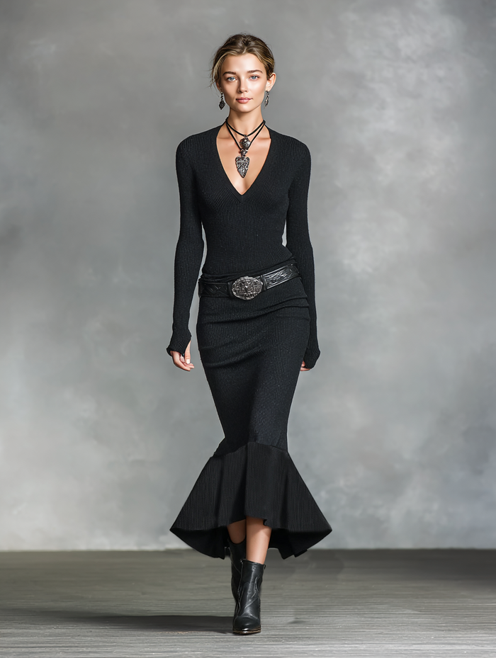 The Rowena – Women's Knitted V-Neck Long Sleeve Maxi Dress | Huna