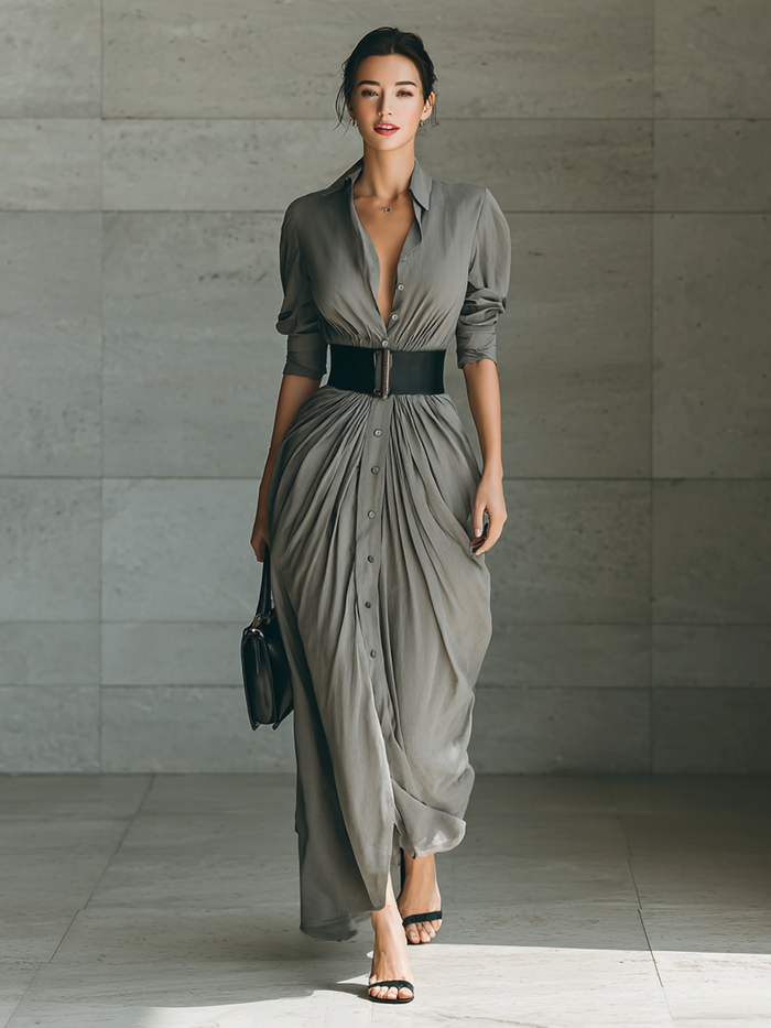 The Winifred – Women's Belted Lapel Long Sleeve Maxi Dress | Huna