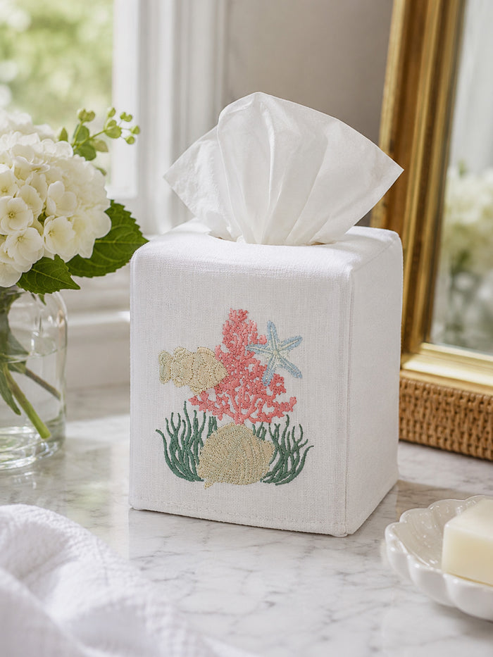 Tissue Box Cover, Embroidered Sea Life