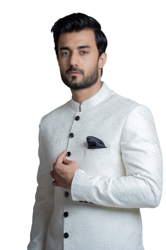 Turkish-Inspired White Embroidered Sherwani – Exquisite Turkish embroidery for a regal, sophisticated look.