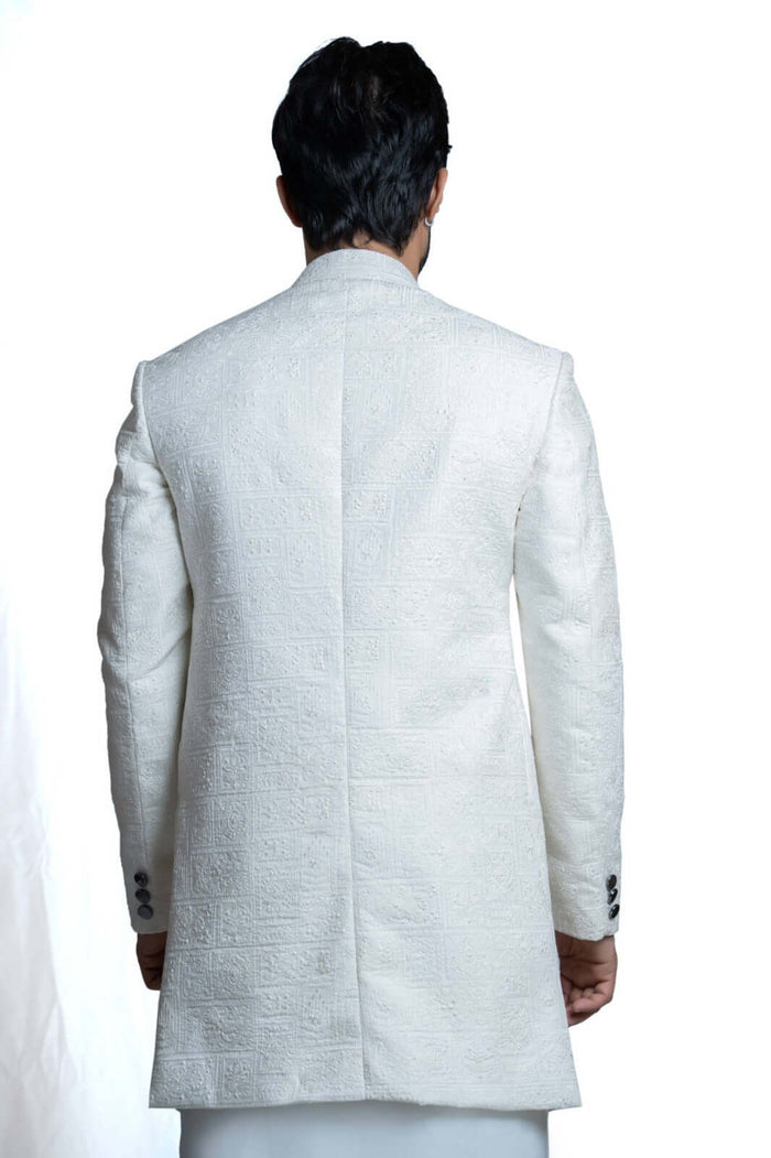 Turkish-Inspired White Embroidered Sherwani – Exquisite Turkish embroidery for a regal, sophisticated look.