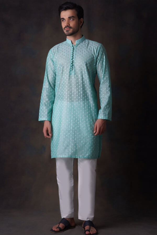 Turquoise Diamond Embroidered Cotton Sheer Kurta