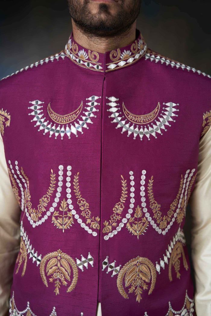Tyrian Purple  Embroidered Men Waistcoat