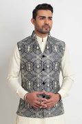 White Optical Art Embroidered Prince Coat with Black & Gold Accents AI-WCOAT-00077