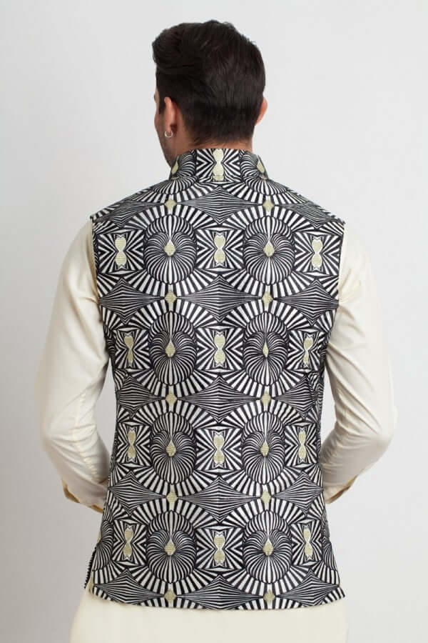 White Optical Art Embroidered Prince Coat with Black & Gold Accents AI-WCOAT-00077