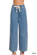 Wide Leg Drawstring Elastic Waistband Denim Pants