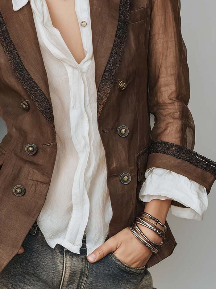 Women's Cotton-Linen Blazer UK – Sheer Lace Trim | The Colette | Huna