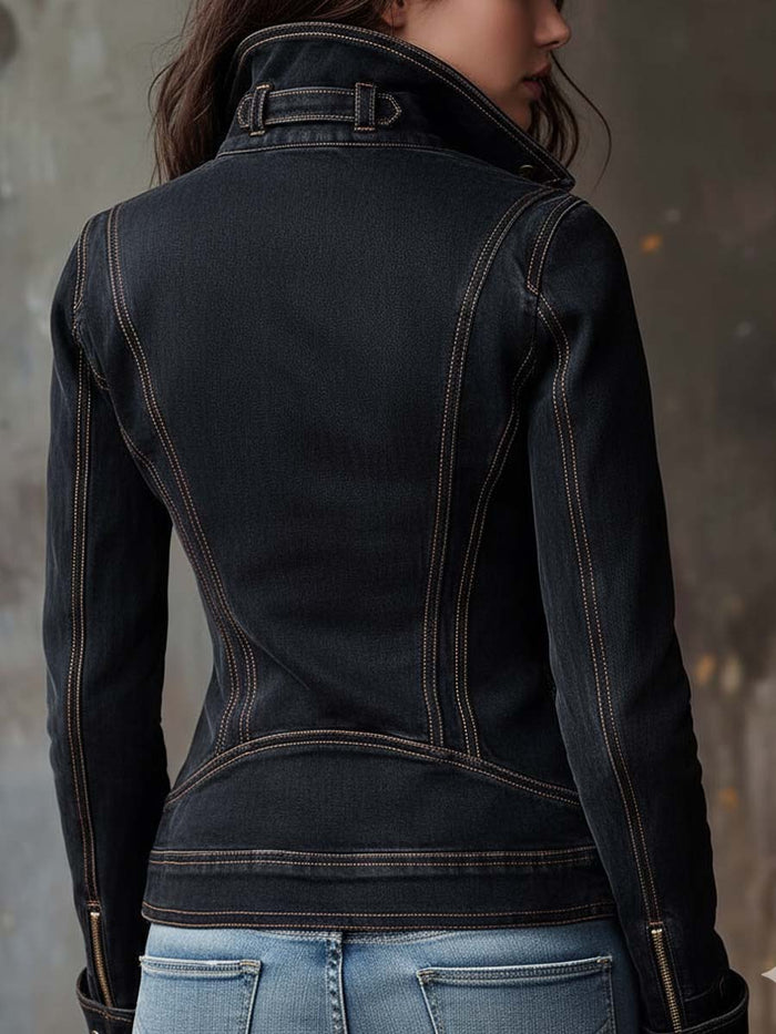 Women's Denim Moto Jacket UK – Washed Charcoal | The Nova | Huna