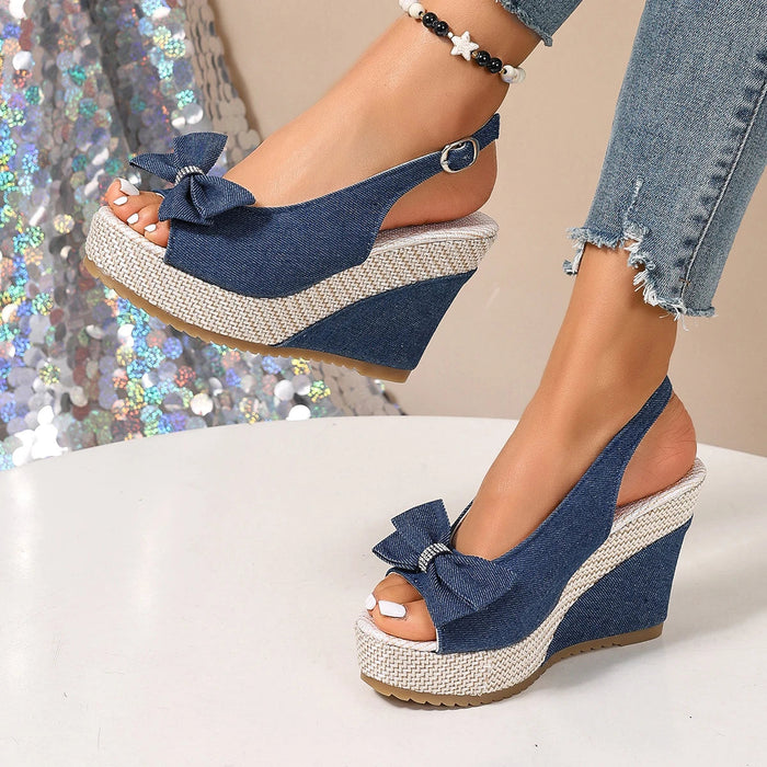 Women's Denim Wedge Sandals – Crystal Bow | The Brea | Huna