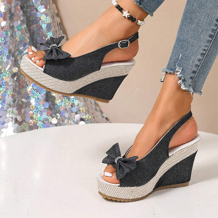 Women's Denim Wedge Sandals – Crystal Bow | The Brea | Huna