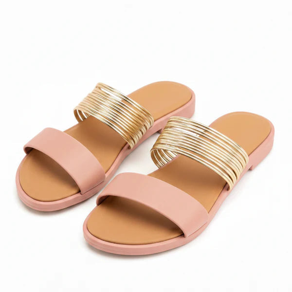Women's Flat Slide Sandals Metallic Multi-Strap Synthetic