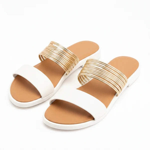 Women's Flat Slide Sandals Metallic Multi-Strap Synthetic