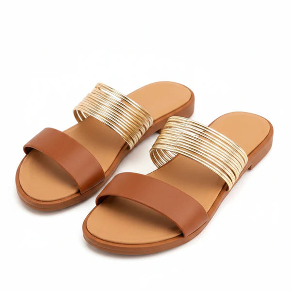 Women's Flat Slide Sandals Metallic Multi-Strap Synthetic