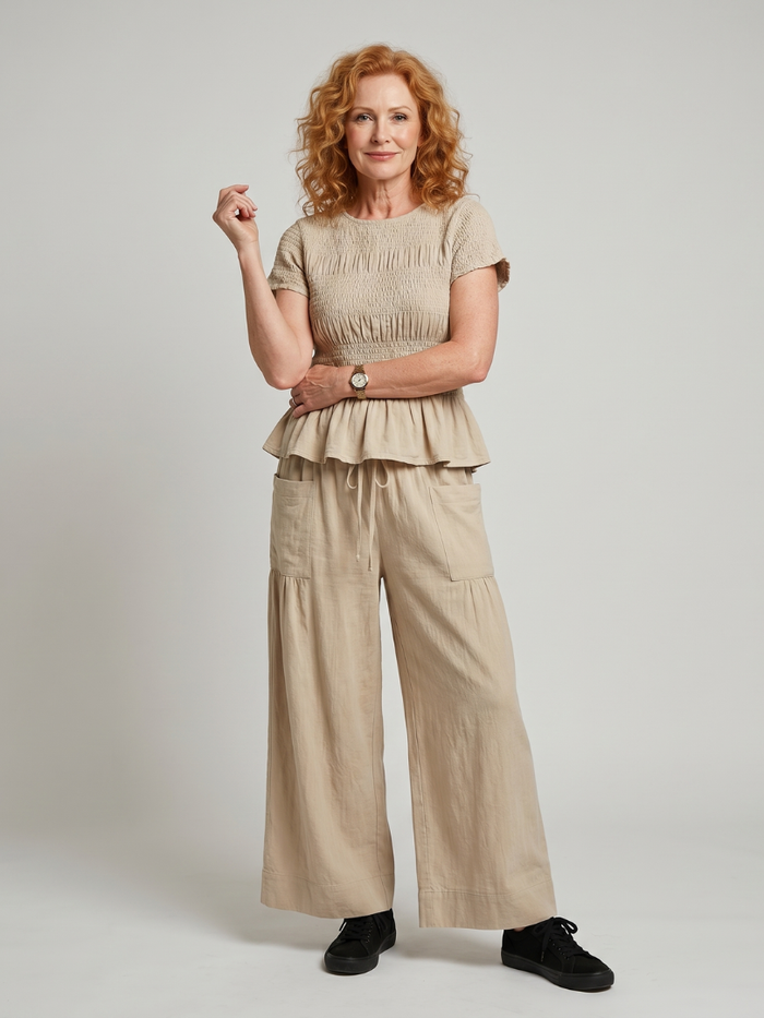 Women's Peplum Smocked Top & Wide Leg Pants Set – Co-ord | The Eirenne | Huna