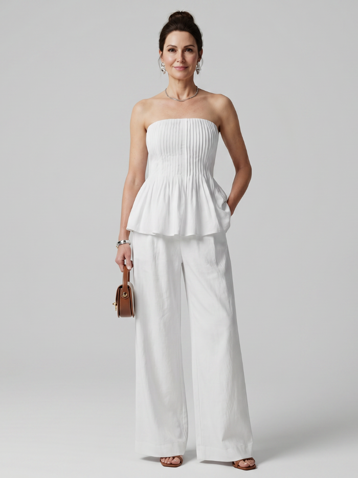 Women's Smocked Top & Wide Leg Pants Set – Strapless Co-ord | The Rila | Huna