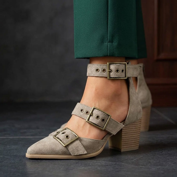 Women's Suede Buckle Heels – Triple Strap | The Cressida | Huna