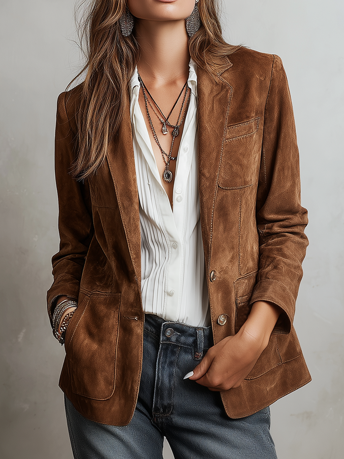 Women's Suede Jacket UK – Retro Contrast Stitch | The Marlow | Huna