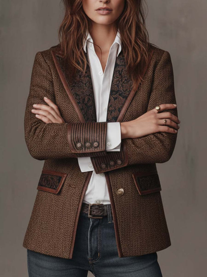 Women's Tweed Blazer UK – Herringbone Leather Trim | The Wren | Huna