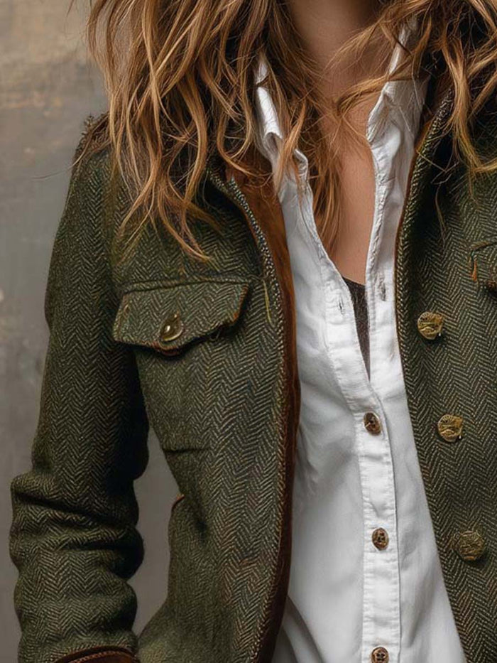 Women's Tweed Blazer UK – Olive Herringbone Velvet Trim | The Maeve | Huna